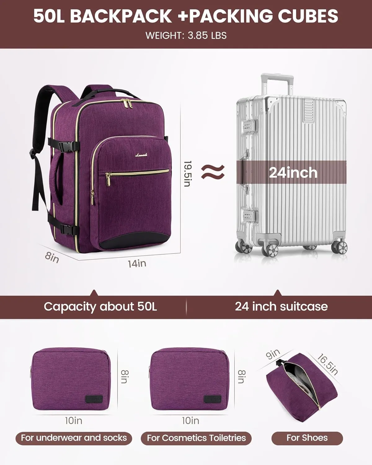 LOVEVOOK Large Travel Laptop Backpack Women, 50L Flight Approved Carry on Backpack Waterproof 18 inch Luggage Daypack Business Weekender Overnight Bag with 3 Packing Cubes, Dark purple-Black