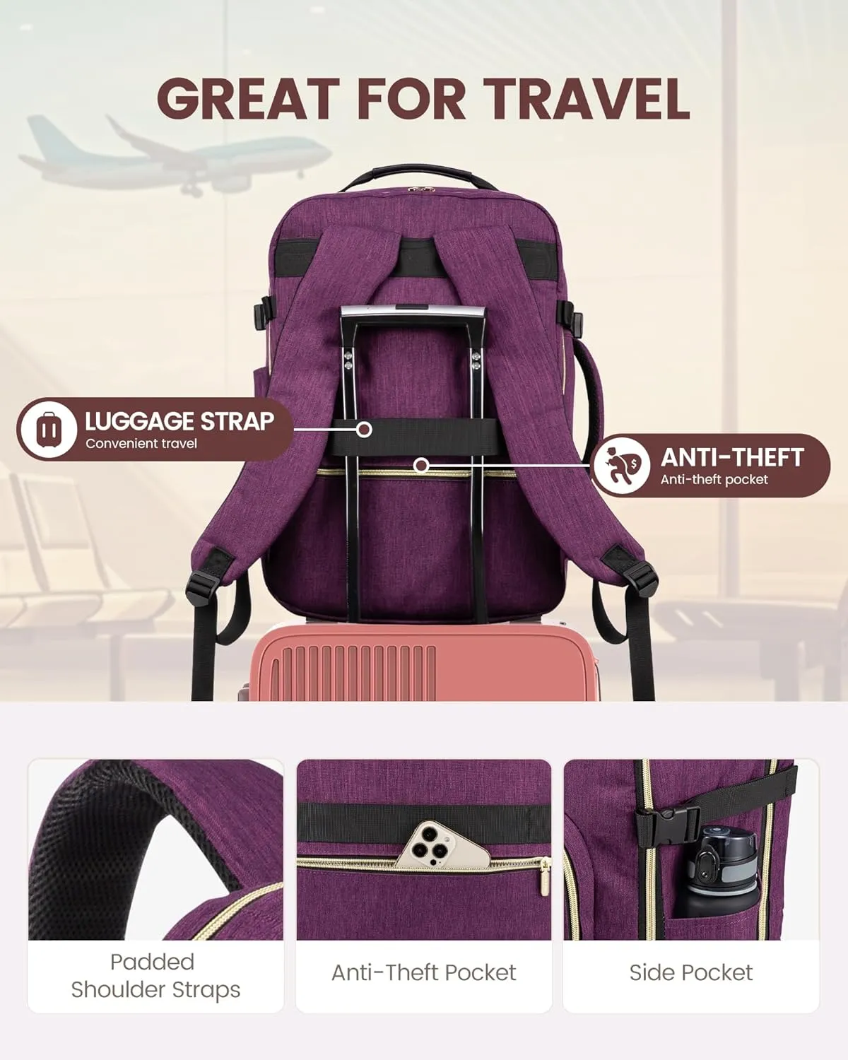 LOVEVOOK Large Travel Laptop Backpack Women, 50L Flight Approved Carry on Backpack Waterproof 18 inch Luggage Daypack Business Weekender Overnight Bag with 3 Packing Cubes, Dark purple-Black