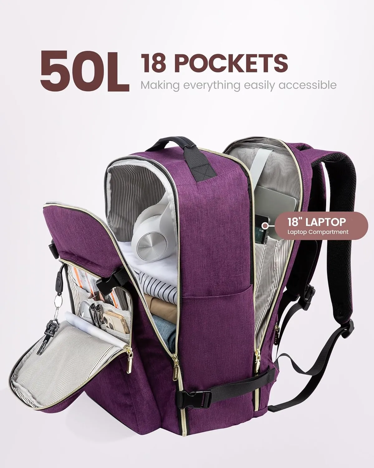 LOVEVOOK Large Travel Laptop Backpack Women, 50L Flight Approved Carry on Backpack Waterproof 18 inch Luggage Daypack Business Weekender Overnight Bag with 3 Packing Cubes, Dark purple-Black