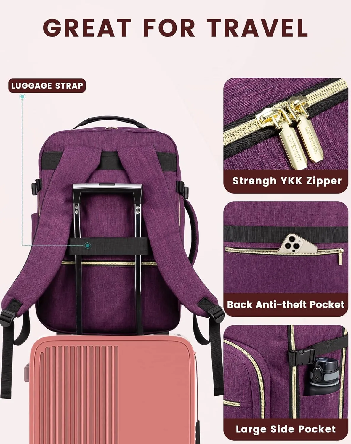 LOVEVOOK Large Travel Laptop Backpack Women, 50L Flight Approved Carry on Backpack Waterproof 18 inch Luggage Daypack Business Weekender Overnight Bag with 3 Packing Cubes, Dark purple-Black