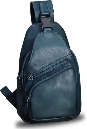 LRTO Genuine Leather Sling Bag Crossbody Purse Handmade Hiking Daypack Motorcycle Bag Retro Shoulder Backpack Vintage Chest Bag (NavyBlue)