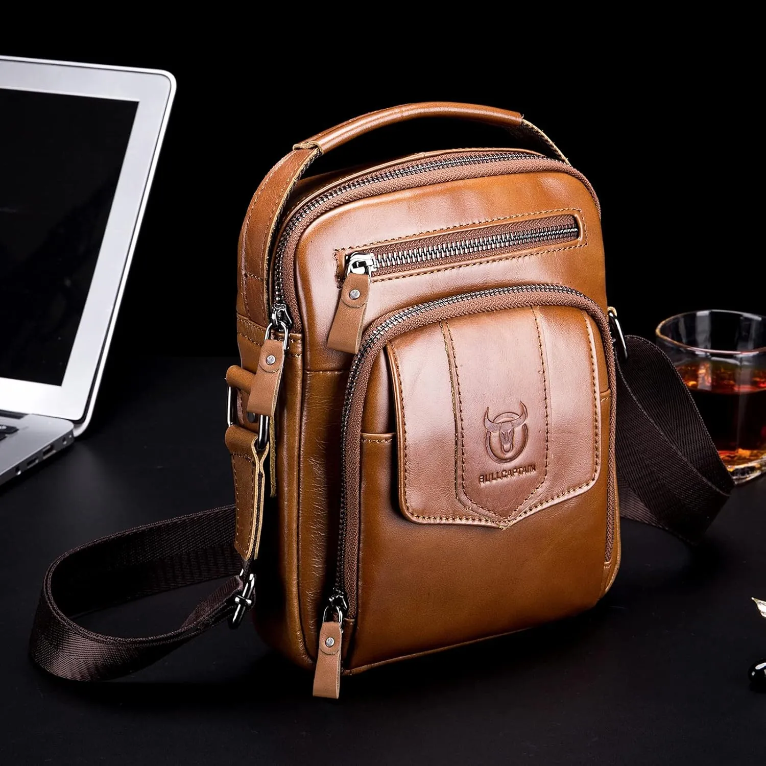 LUKZIJAES Small Genuine Leather Shoulder Bag Men Messenger Handbag Lightweight Sling Crossbody Bag