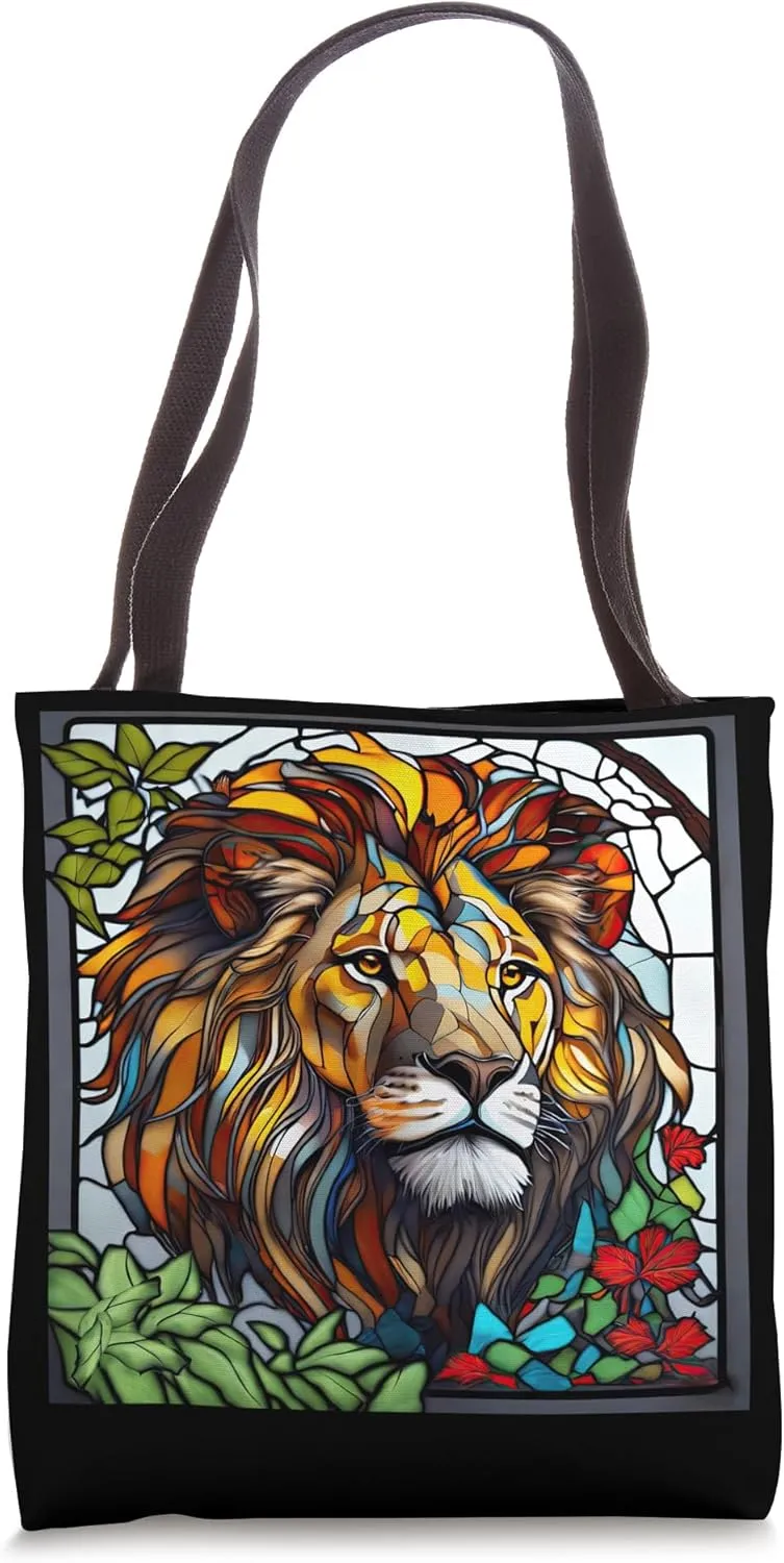 Majestic Lion stained glass groovy art roar family pride dad Tote Bag