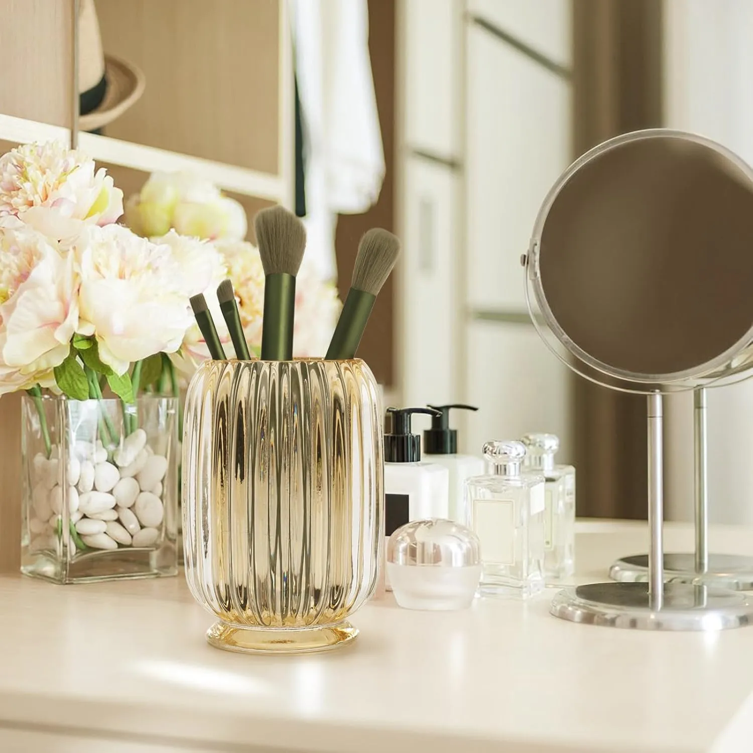 Makeup Brush Holder Organizer, Glass Cosmetic Makeup Brush Storage, Makeup Brush Cup, Pen Pencil Holder Organizer for Vanity, Bathroom Counter, Dresser Table, Office Desktop, Amber