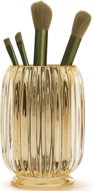 Makeup Brush Holder Organizer, Glass Cosmetic Makeup Brush Storage, Makeup Brush Cup, Pen Pencil Holder Organizer for Vanity, Bathroom Counter, Dresser Table, Office Desktop, Amber