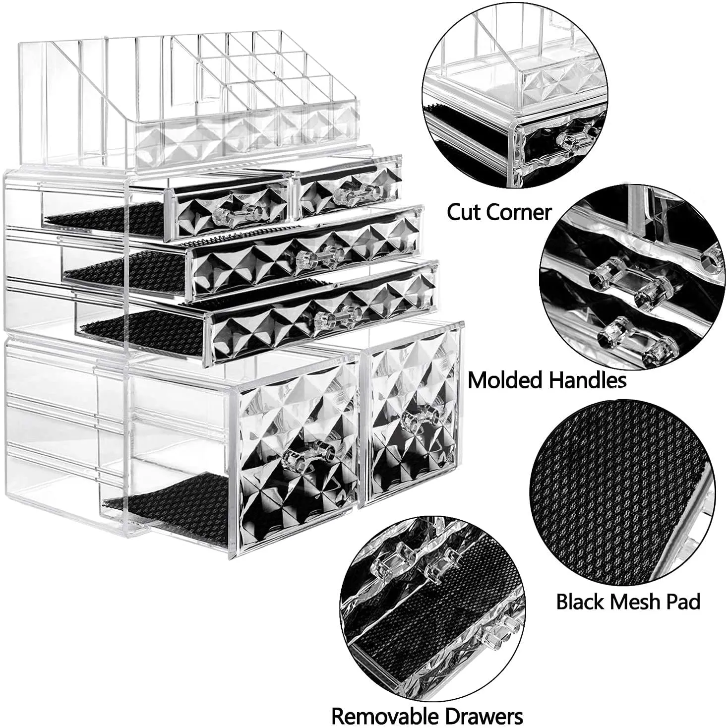 Makeup Organizer 3 Pieces Acrylic Cosmetic Storage Drawers and Jewelry Display Box, Clear Diamond Pattern