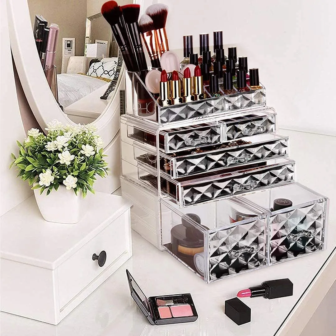 Makeup Organizer 3 Pieces Acrylic Cosmetic Storage Drawers and Jewelry Display Box, Clear Diamond Pattern