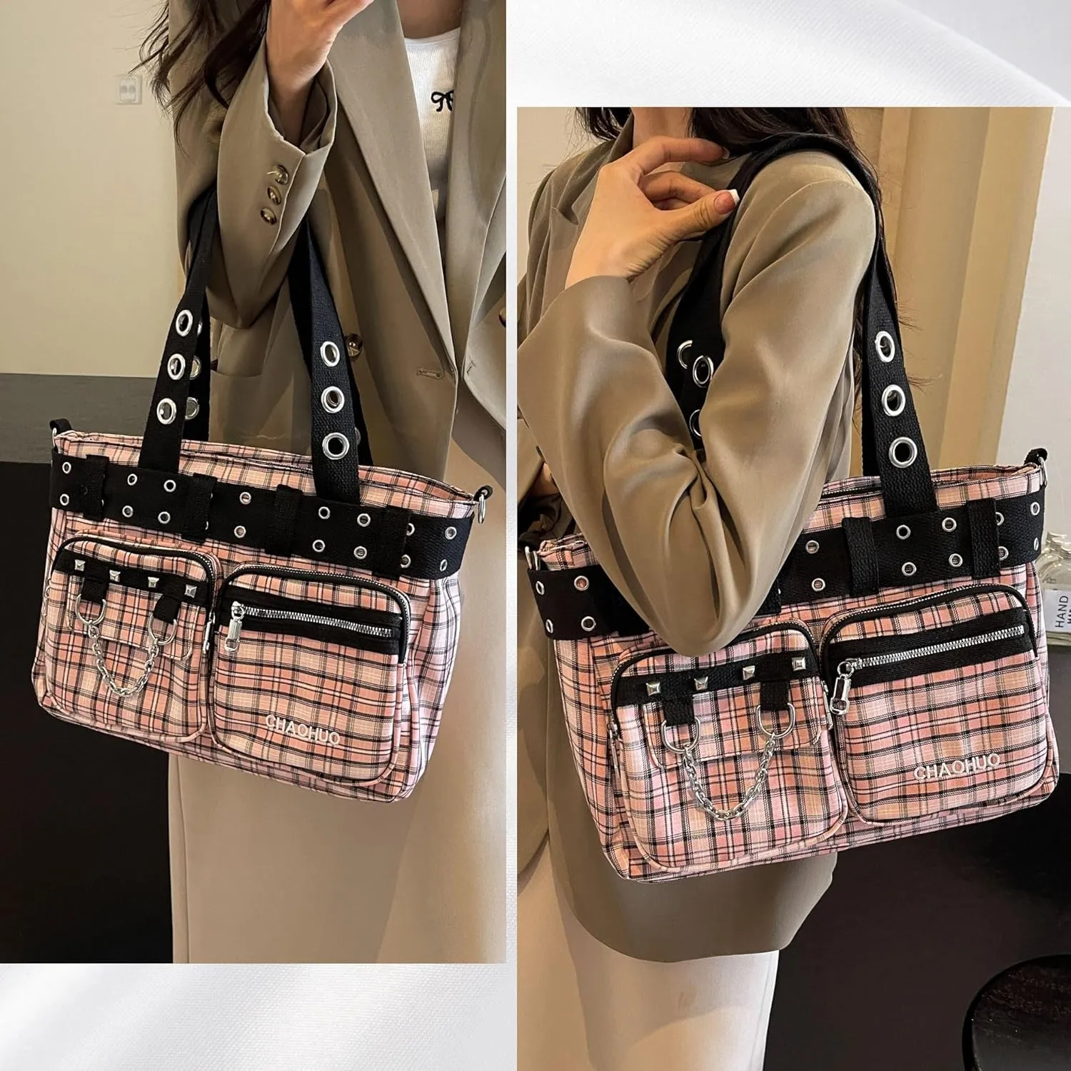 Makukke Y2K Tote Bag for Women Canvas Shoulder Bag Large Gothic Bag Skull Handbag for Work Office Travel