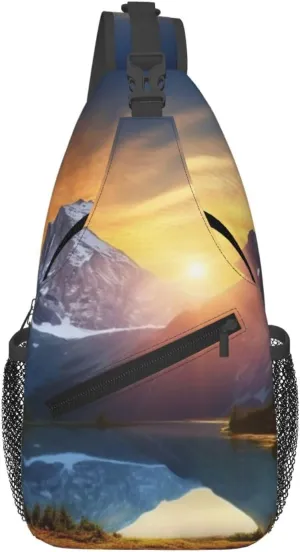 Man's Cross Chest Bag Diagonally Sling Backpack Shoulder Bag Mountain Sunrise Sling Bag for Women Hiking Daypack