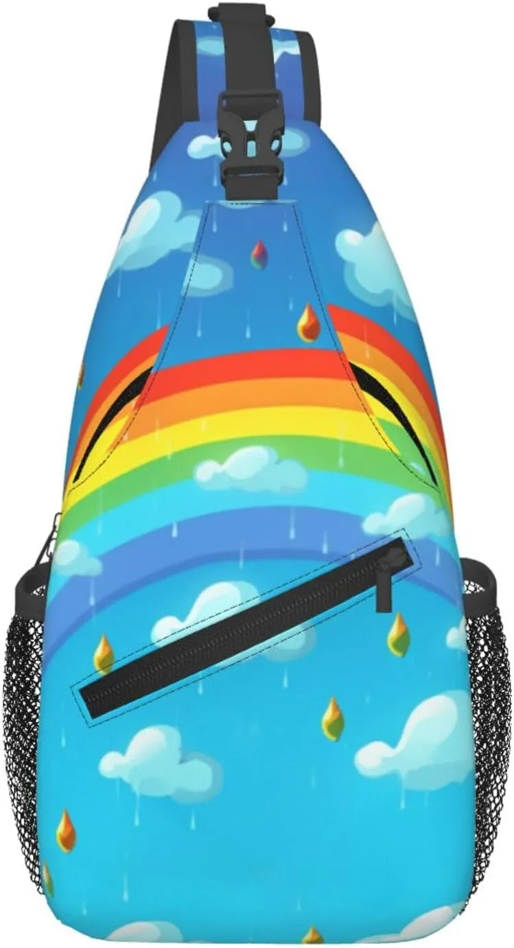 Man's Cross Chest Bag Diagonally Sling Backpack Shoulder Bag Rainbow Clouds Raindrop Sling Bag for Women Hiking Daypack