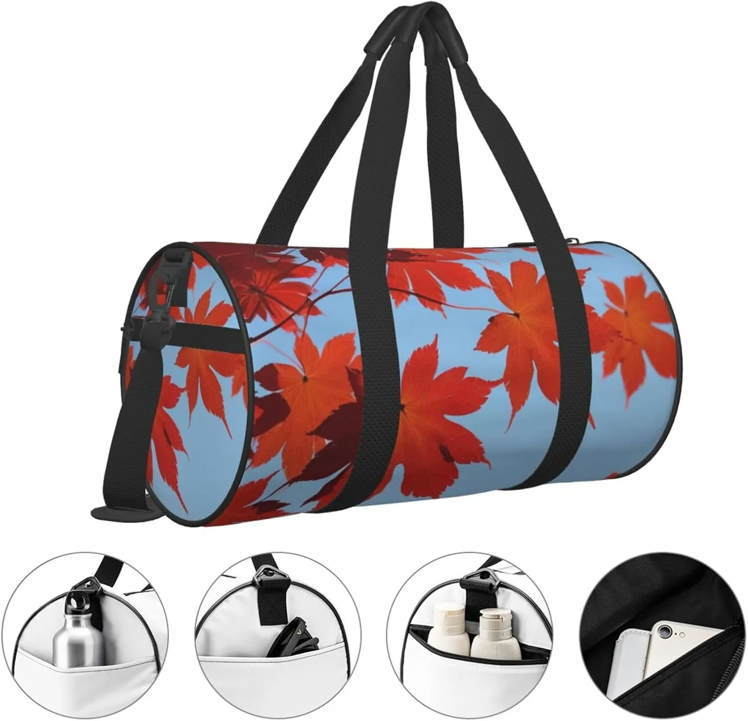 Maple Leaves Printed Travel Bag,Round Personal Item Storage bag,Foldie Duffel Bag for Traveling Vacation,Fitness,Sports