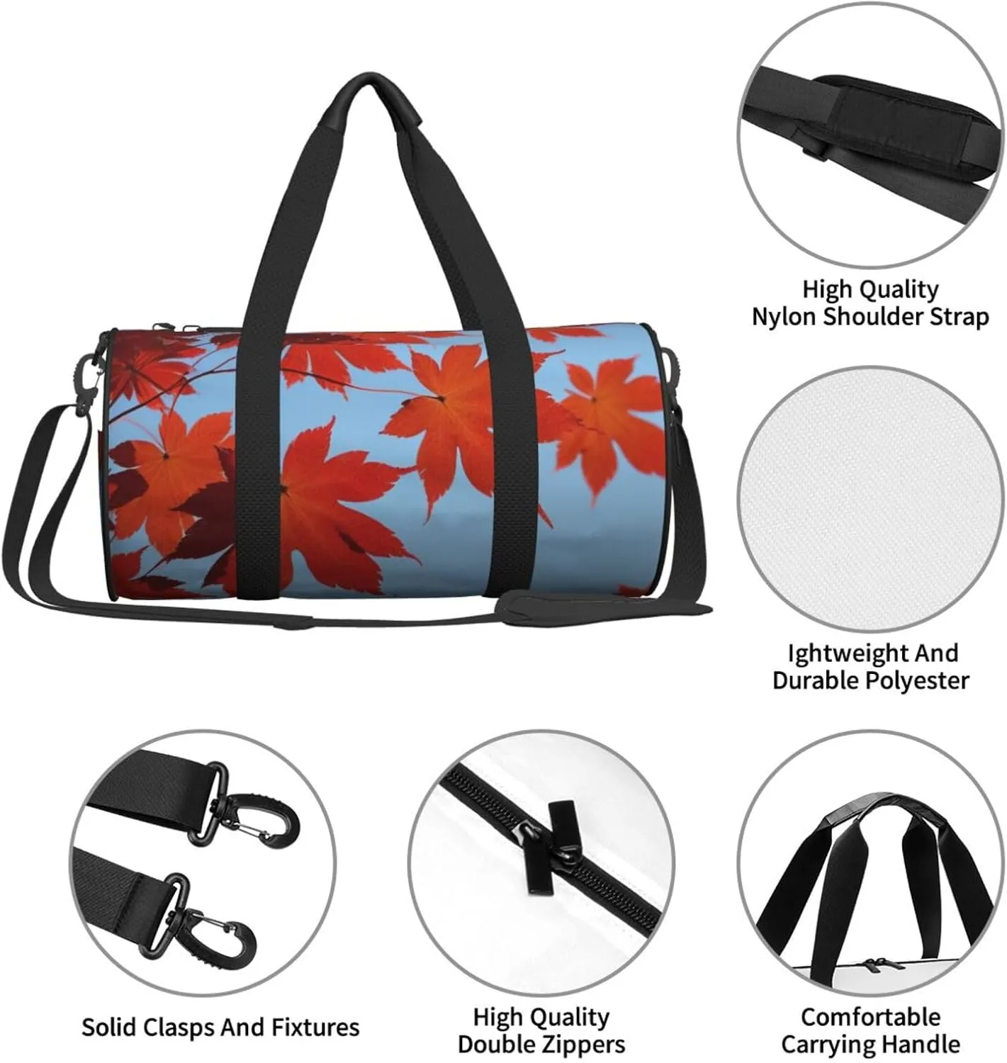 Maple Leaves Printed Travel Bag,Round Personal Item Storage bag,Foldie Duffel Bag for Traveling Vacation,Fitness,Sports