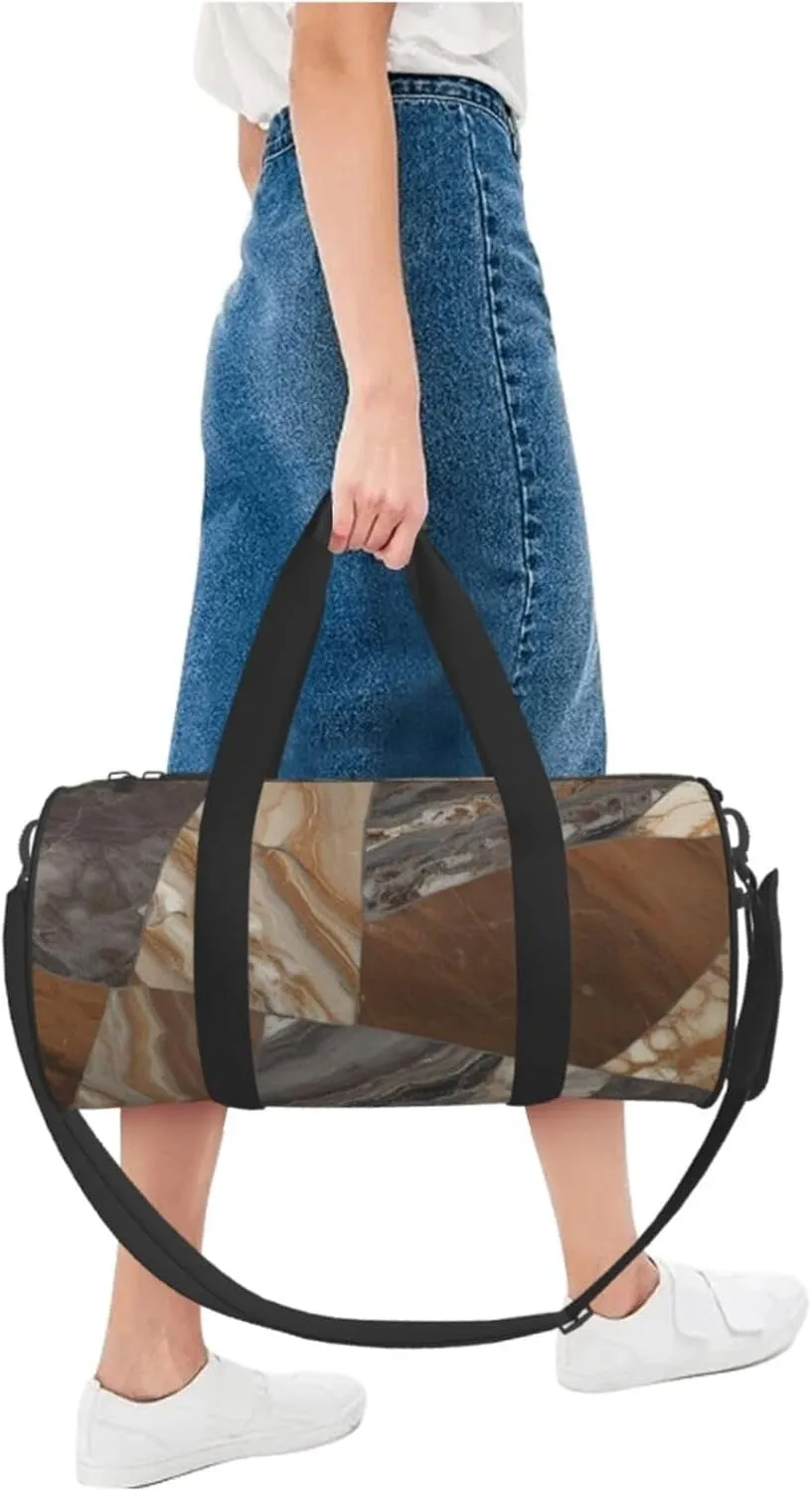 Marble Mixed Brown Printed Travel Bag,Round Personal Item Storage bag,Foldie Duffel Bag for Traveling Vacation,Fitness,Sports