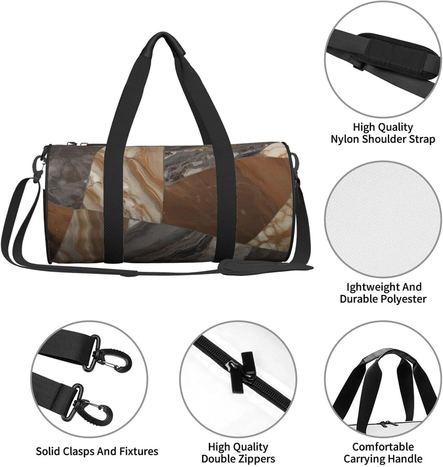 Marble Mixed Brown Printed Travel Bag,Round Personal Item Storage bag,Foldie Duffel Bag for Traveling Vacation,Fitness,Sports