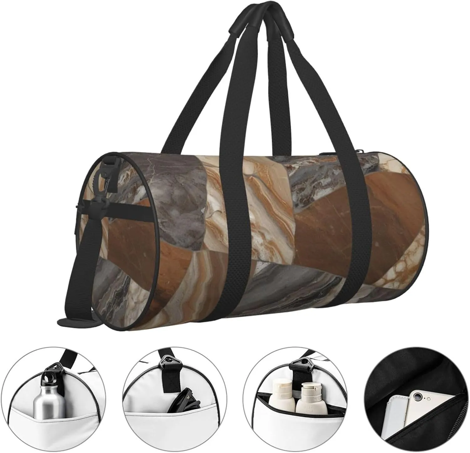 Marble Mixed Brown Printed Travel Bag,Round Personal Item Storage bag,Foldie Duffel Bag for Traveling Vacation,Fitness,Sports