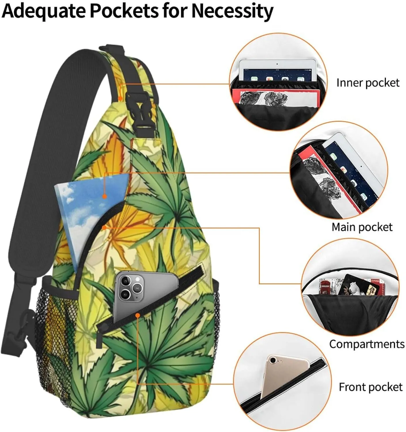 Marijuana Color Crossbody Backpack Travel Sling Shoulder Bag For Men Women Adjustable Hiking Daypack