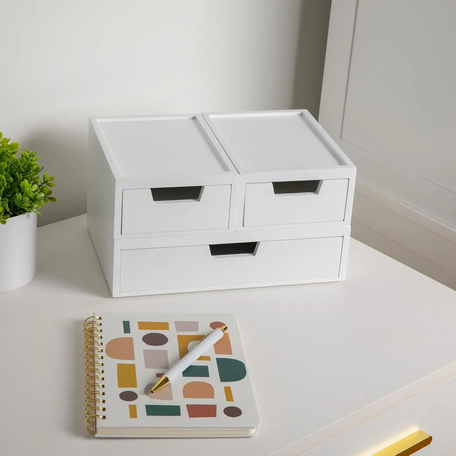Martha Stewart Weston Stackable Wooden Storage Boxes with Pullout Drawers, Engineered Wood Storage Organizers, 3 Pack, White