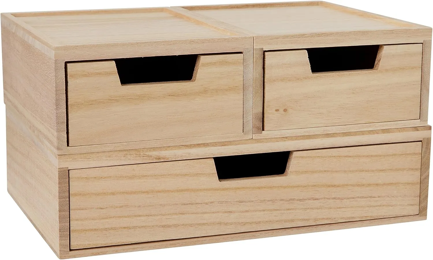 Martha Stewart Weston Stackable Wooden Storage Boxes with Pullout Drawers, Paulownia Wood Storage Organizers, 3 Pack, Light Natural