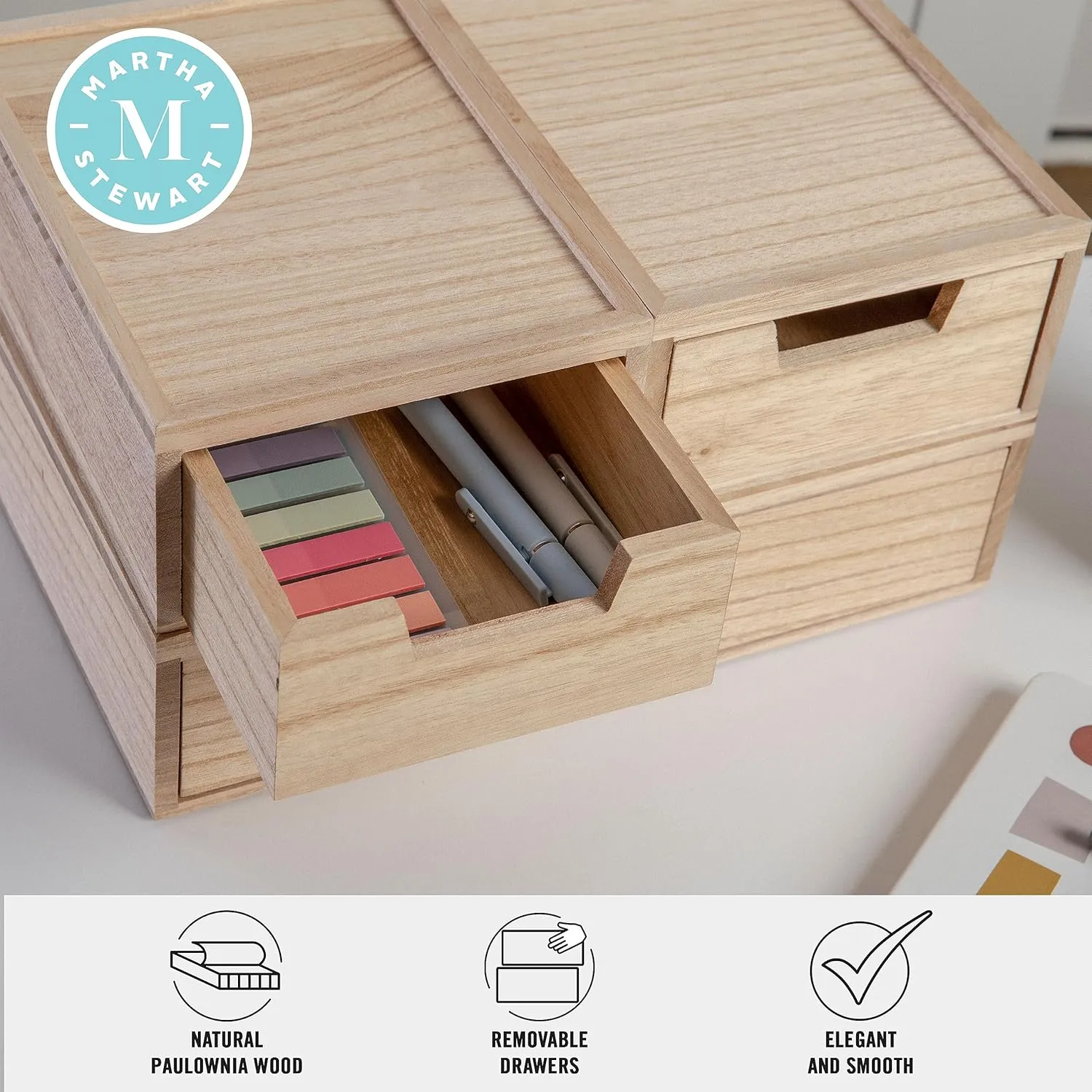 Martha Stewart Weston Stackable Wooden Storage Boxes with Pullout Drawers, Paulownia Wood Storage Organizers, 3 Pack, Light Natural