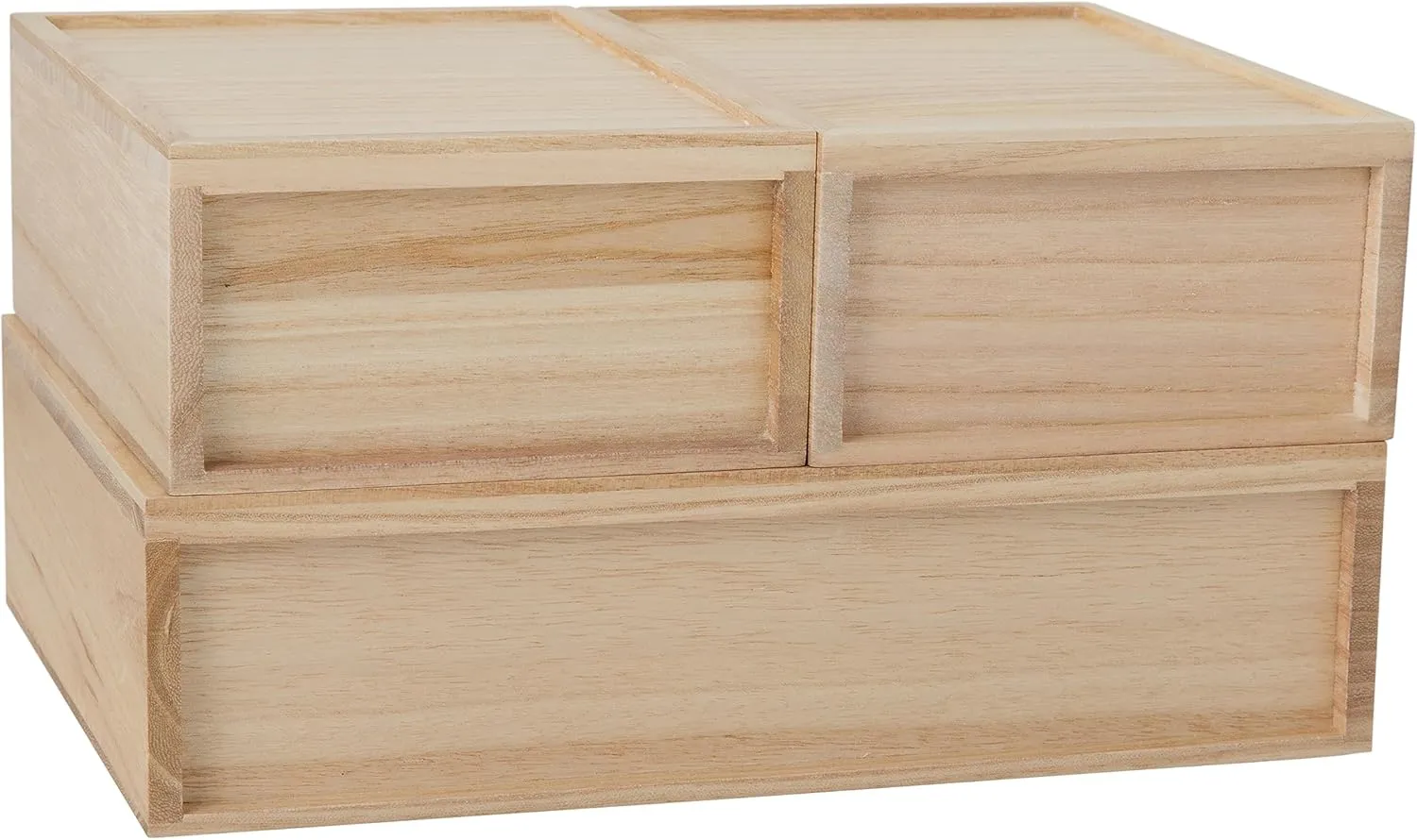 Martha Stewart Weston Stackable Wooden Storage Boxes with Pullout Drawers, Paulownia Wood Storage Organizers, 3 Pack, Light Natural