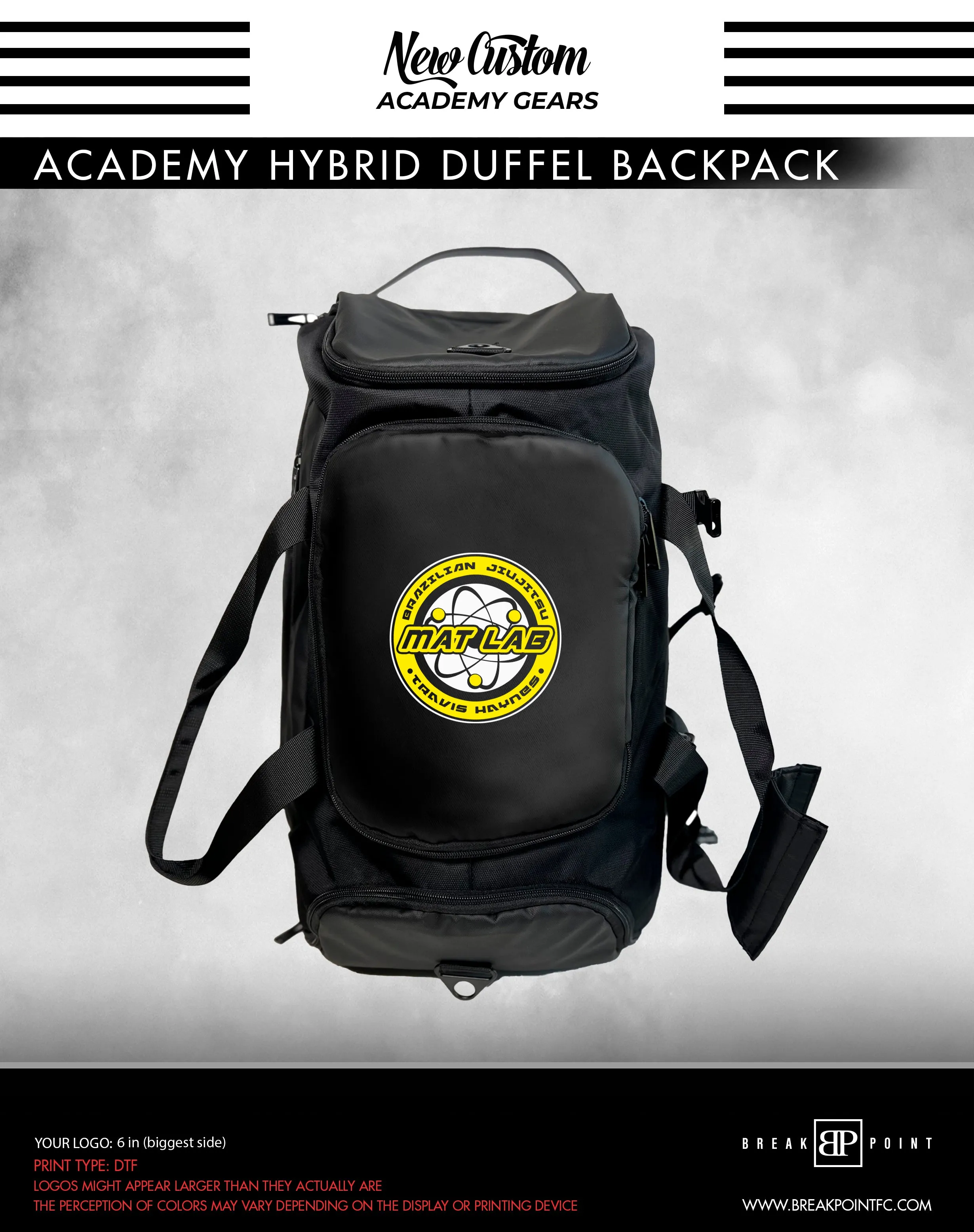 Mat Lab Brazilian Jiu Jitsu Academy Hybrid Duffel Backpack #587