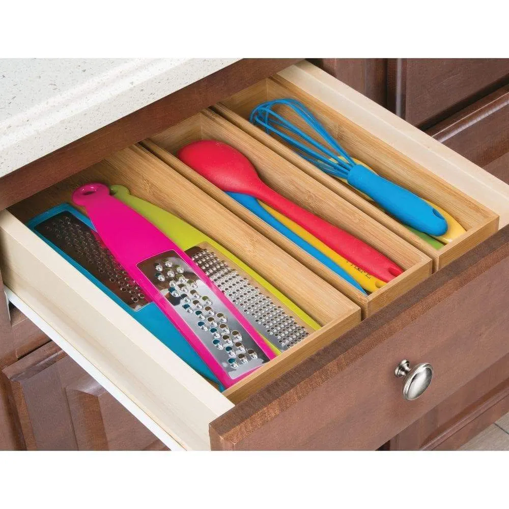 mDesign Bamboo Kitchen Cabinet Drawer Organizer Stackable Tray Bin - Eco-Friendly, Multipurpose - Use in Drawers, on Countertops, Shelves or in Pantry - 15" Long, 6 Pack - Natural Wood Finish