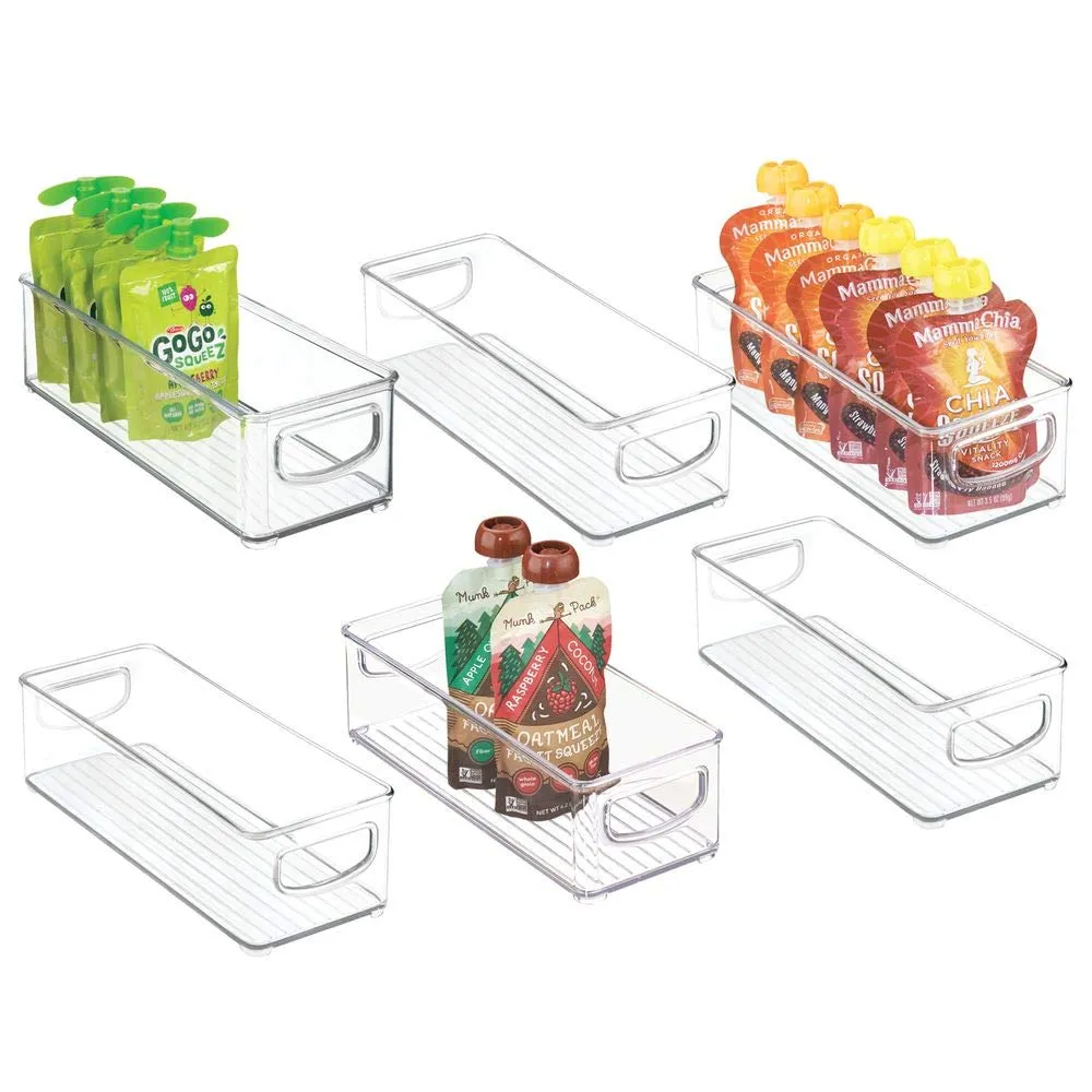 mDesign Stackable Plastic Kitchen Pantry Cabinet, Refrigerator or Freezer Food Storage Bins with Handles - Organizer for Fruit, Yogurt, Squeeze Pouches - Food Safe, BPA Free, 10" Long, 6 Pack - Clear