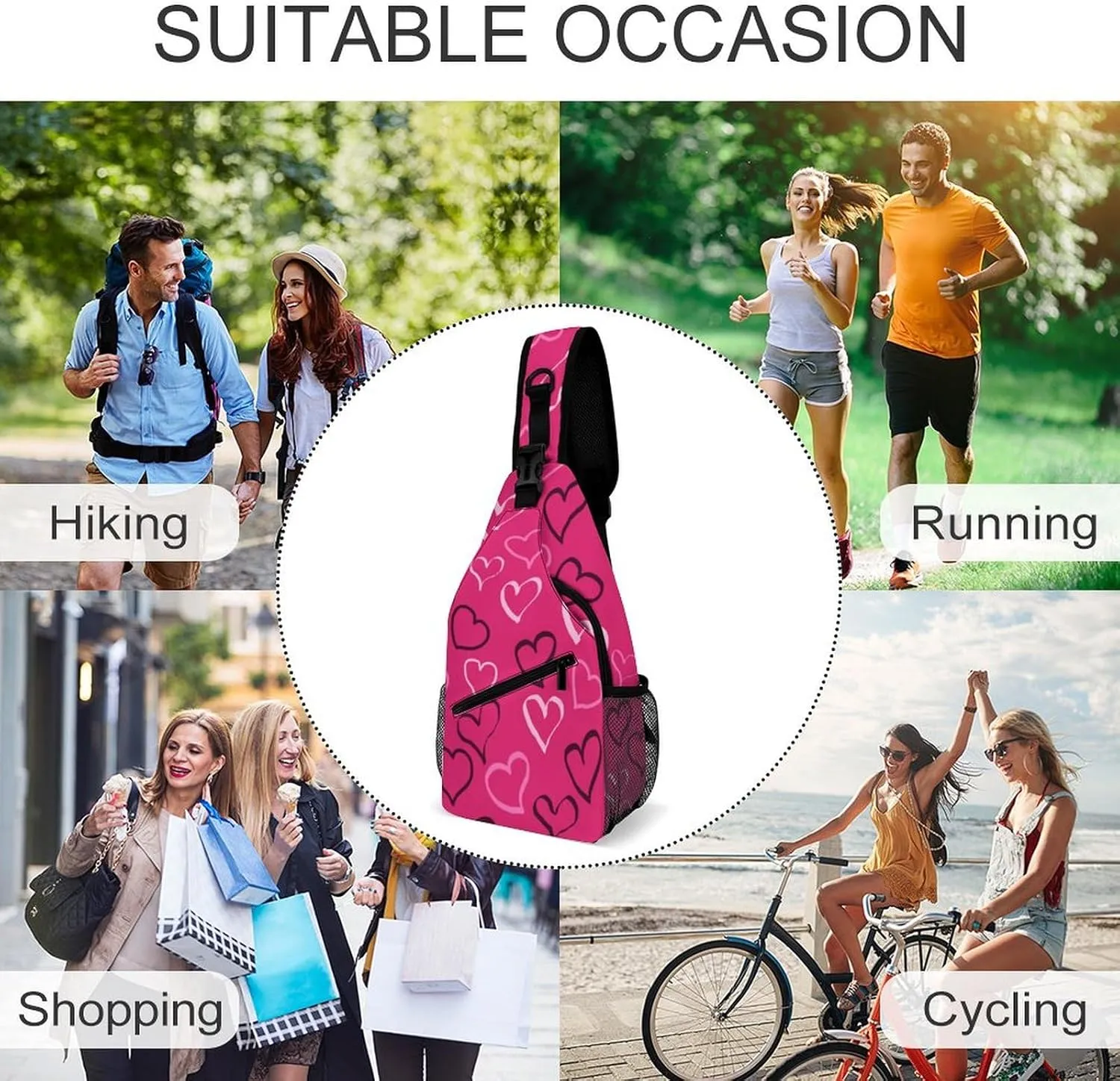 Men Sling Backpack Packable Breathable Shoulder Chest Crossbody Bag - for Valentines Day Hearts Pattern Anti-Theft Multipurpose Rucksack Tote Bags With Adjustable Shoulder Strap