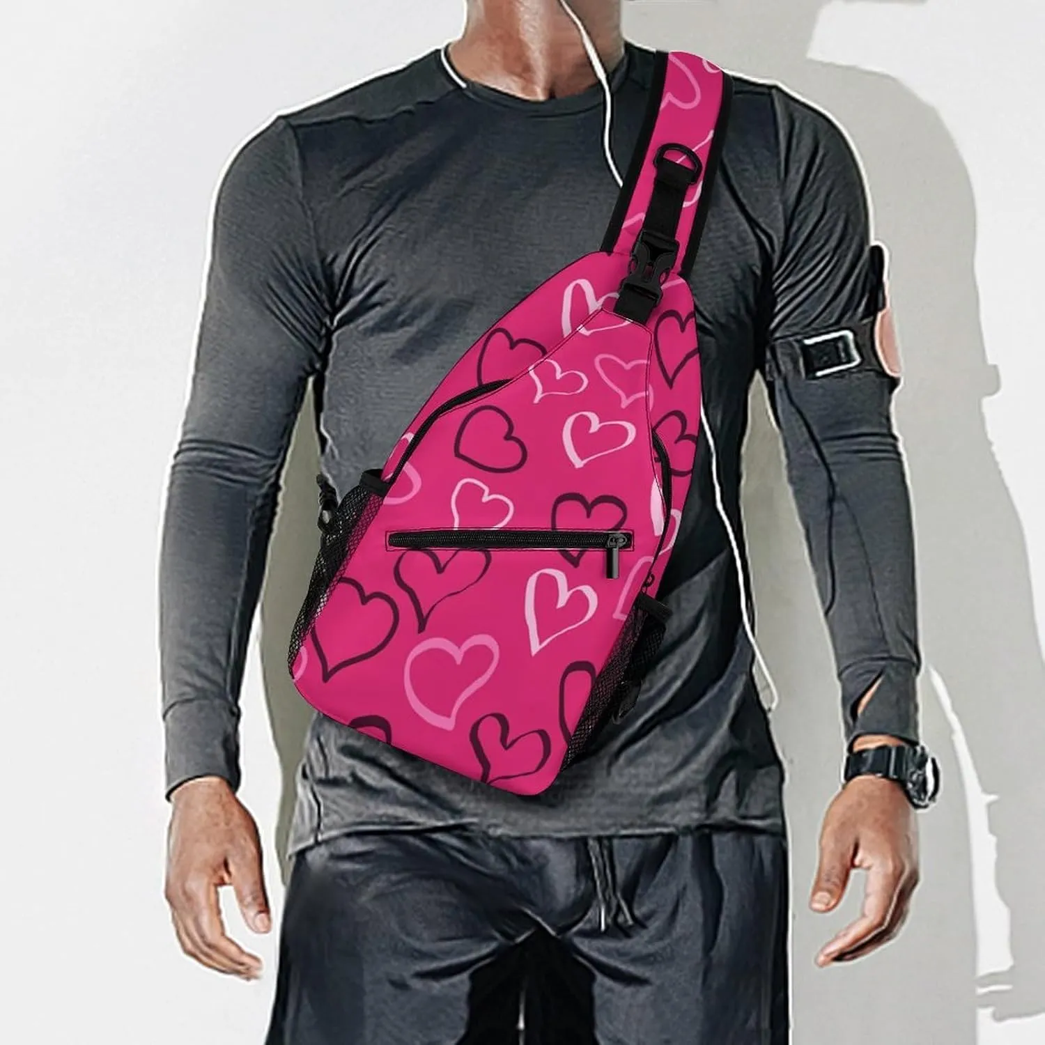 Men Sling Backpack Packable Breathable Shoulder Chest Crossbody Bag - for Valentines Day Hearts Pattern Anti-Theft Multipurpose Rucksack Tote Bags With Adjustable Shoulder Strap