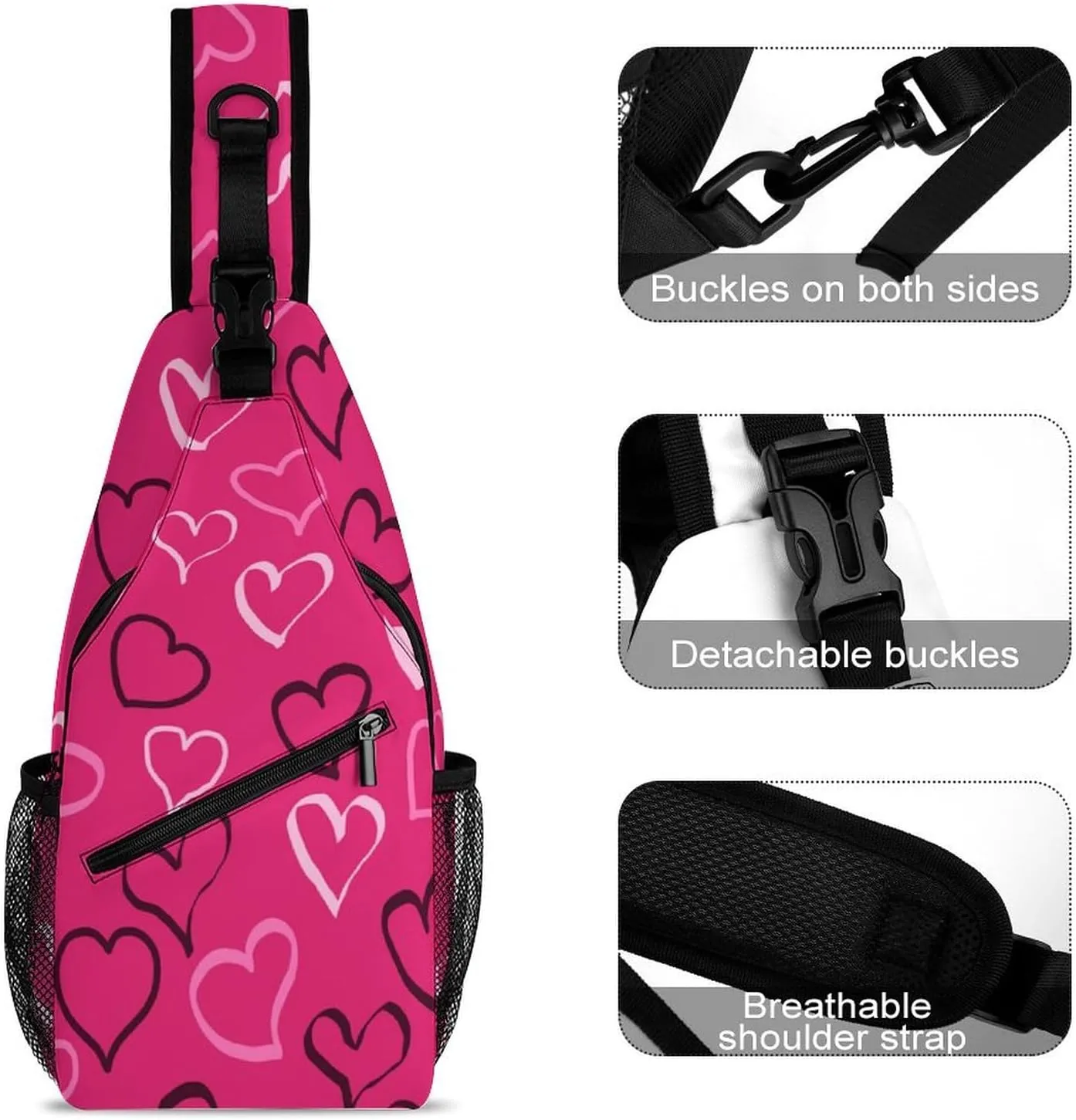 Men Sling Backpack Packable Breathable Shoulder Chest Crossbody Bag - for Valentines Day Hearts Pattern Anti-Theft Multipurpose Rucksack Tote Bags With Adjustable Shoulder Strap
