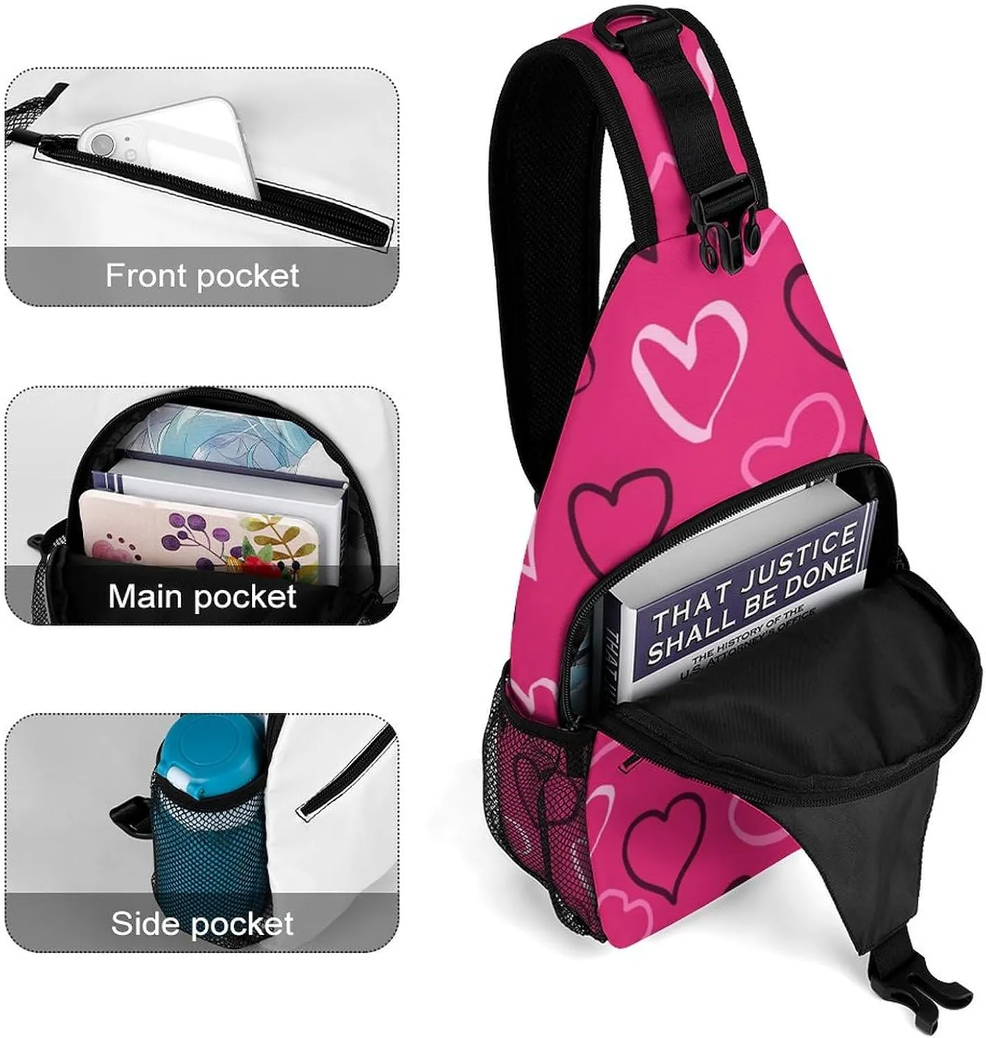 Men Sling Backpack Packable Breathable Shoulder Chest Crossbody Bag - for Valentines Day Hearts Pattern Anti-Theft Multipurpose Rucksack Tote Bags With Adjustable Shoulder Strap
