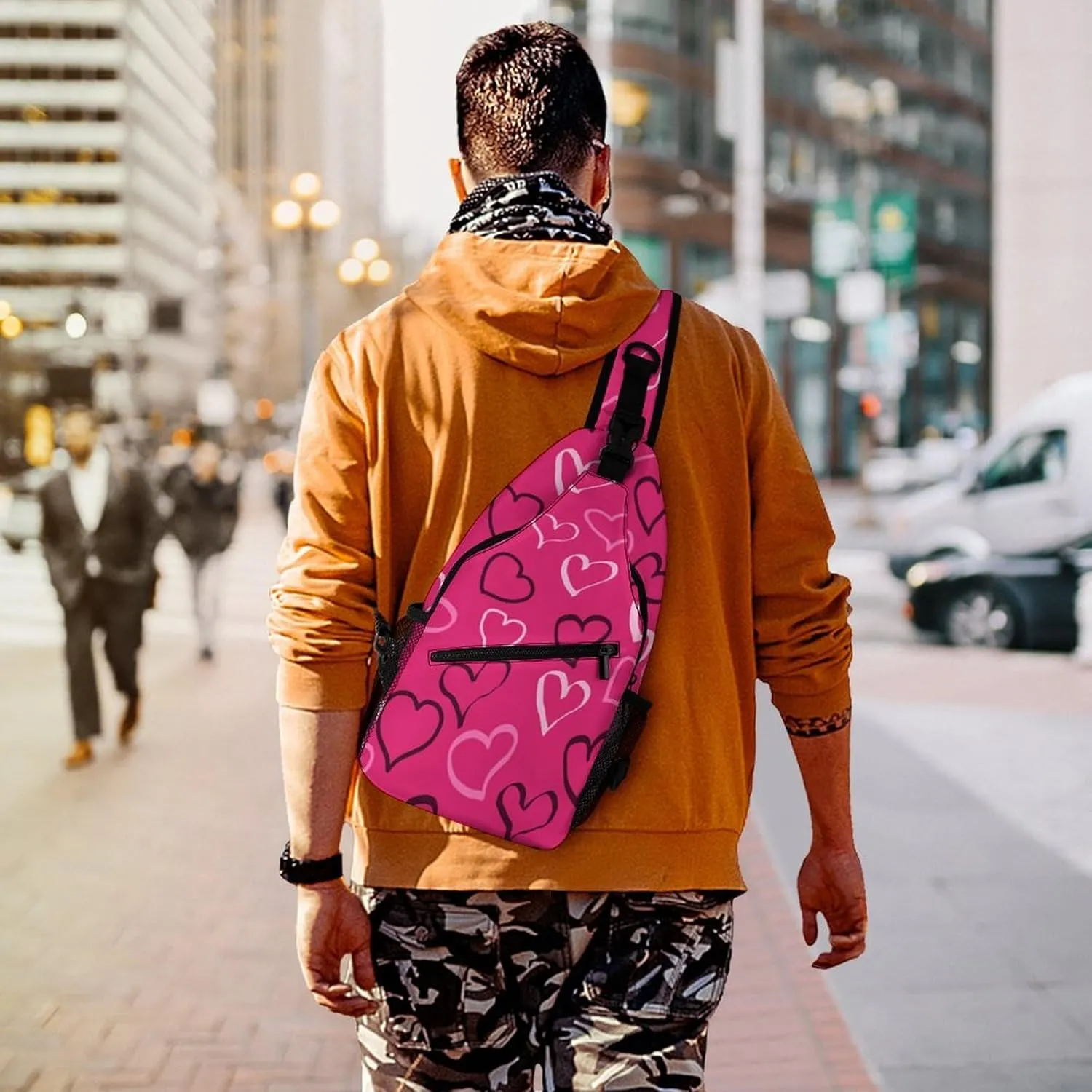 Men Sling Backpack Packable Breathable Shoulder Chest Crossbody Bag - for Valentines Day Hearts Pattern Anti-Theft Multipurpose Rucksack Tote Bags With Adjustable Shoulder Strap