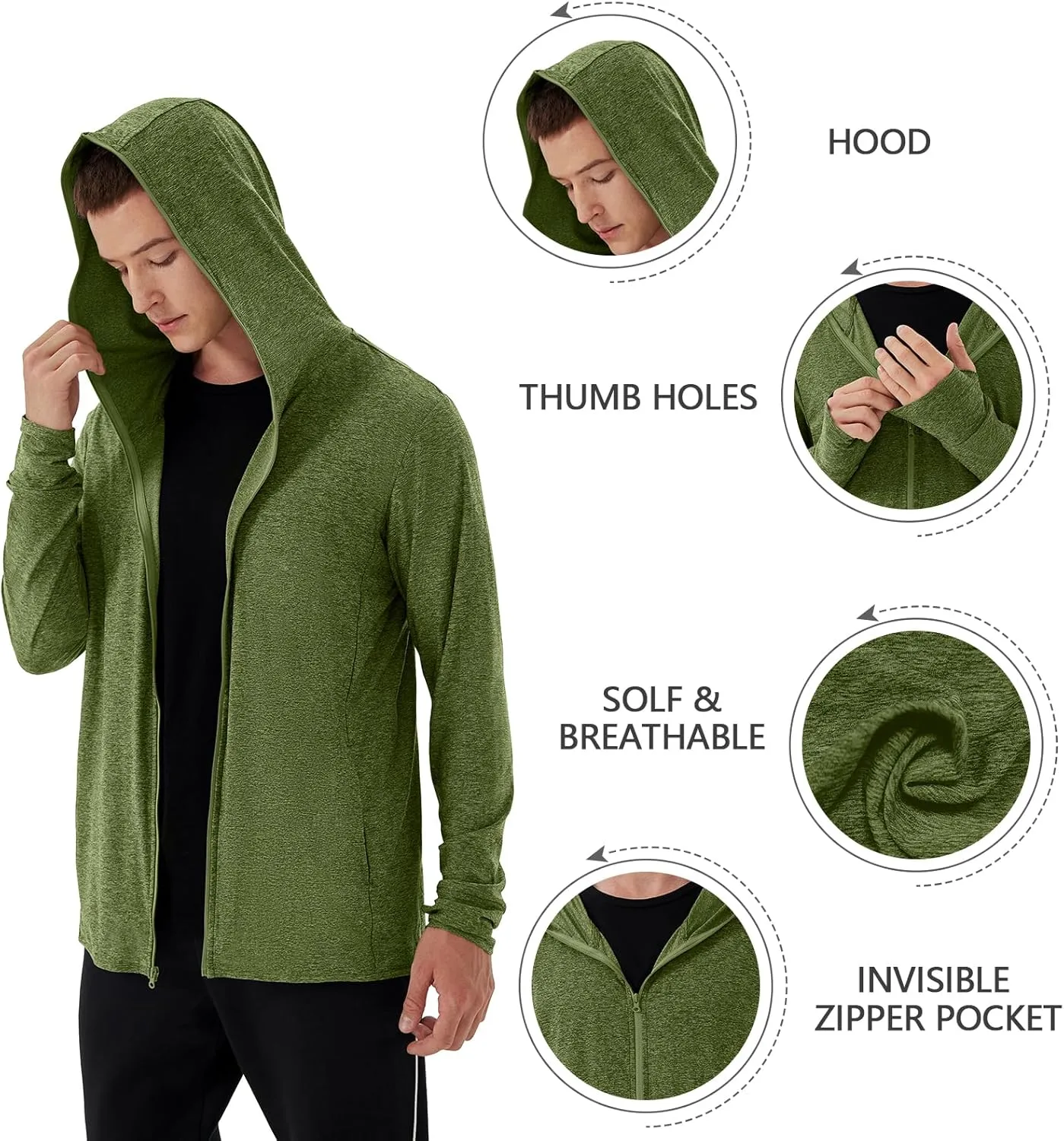 Men's Full Zip Workout Athletic Jackets Lightweight Running Jacket Breathable Hooded Jacket with Thumb Holes