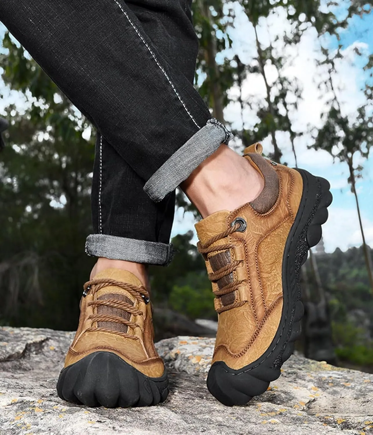 Mens Leather Hiking Shoes Breathable Outdoor Walking Trekking Shoes Spring Summer Autumn