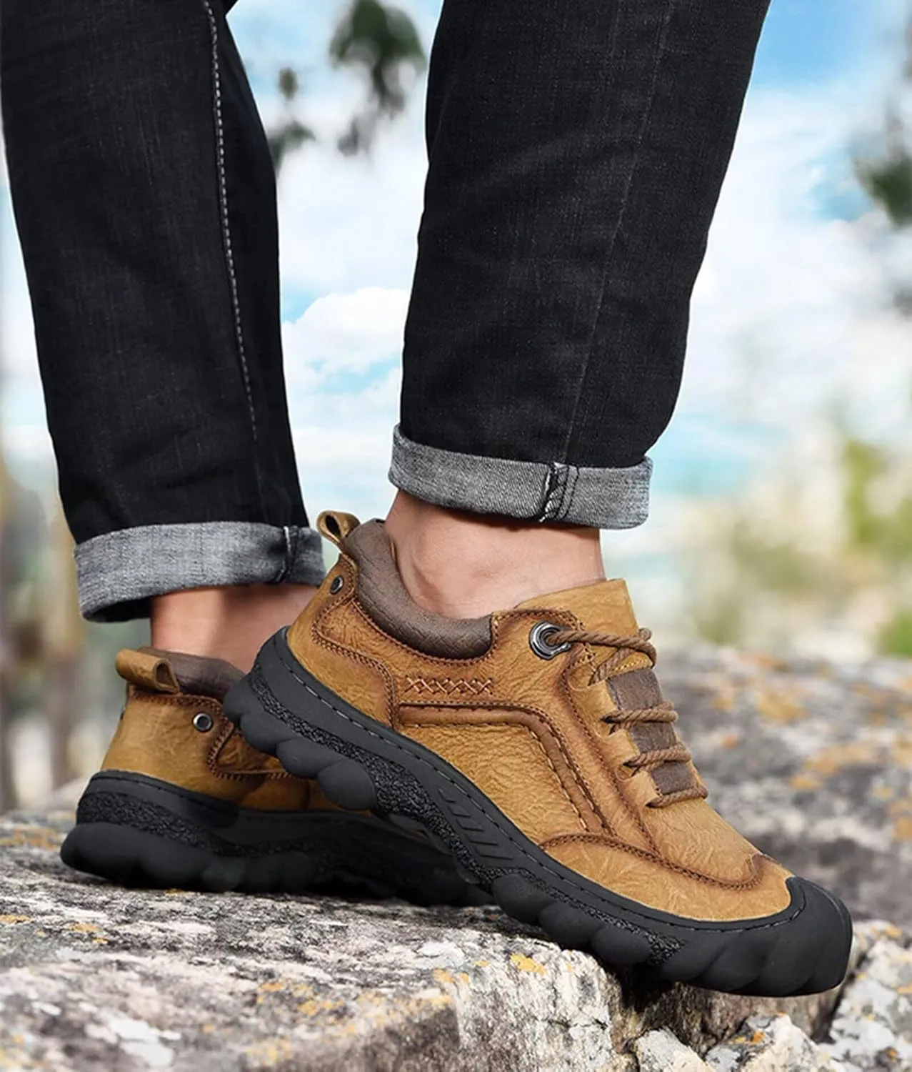 Mens Leather Hiking Shoes Breathable Outdoor Walking Trekking Shoes Spring Summer Autumn