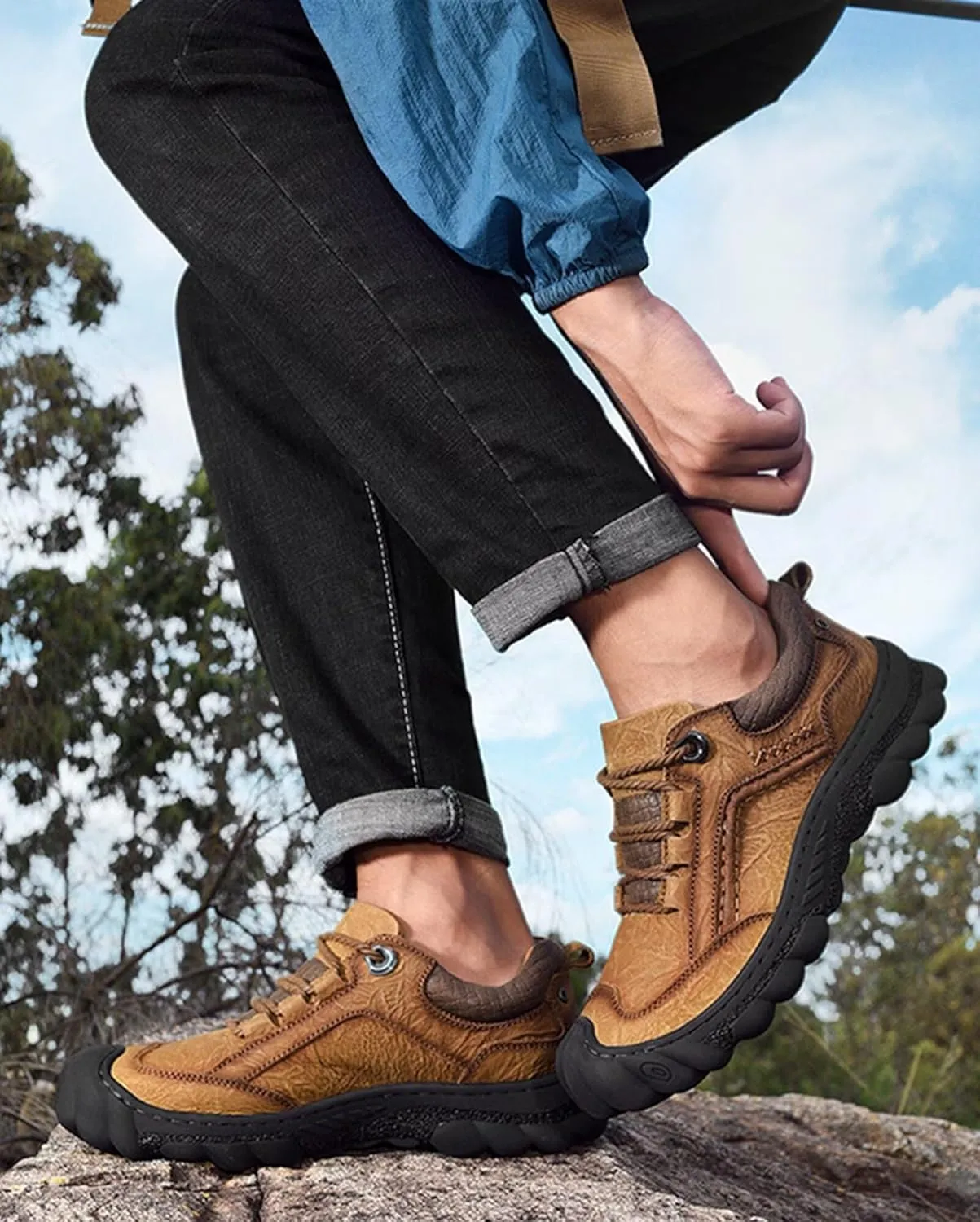 Mens Leather Hiking Shoes Breathable Outdoor Walking Trekking Shoes Spring Summer Autumn
