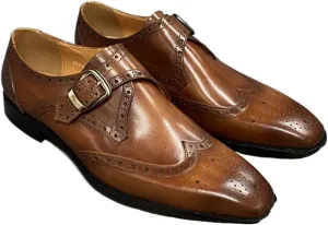 Men’s Leather Monk Strap Dress Shoes, Double Buckle, Brogue Perforated Pattern, Pointed Toe, Leather Sole(Brown,10 M US)