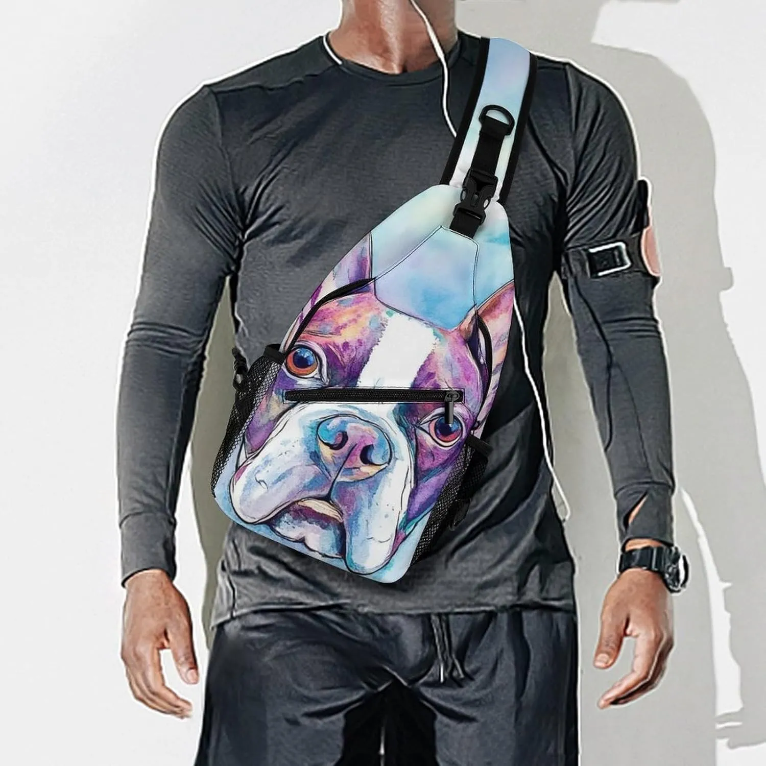 Mens Travel Crossbody Sling Bag, Large Capacity Gym Shoulder Backpack Pitbull Pet Dog Art Gym Chest Bag for Running Hiking