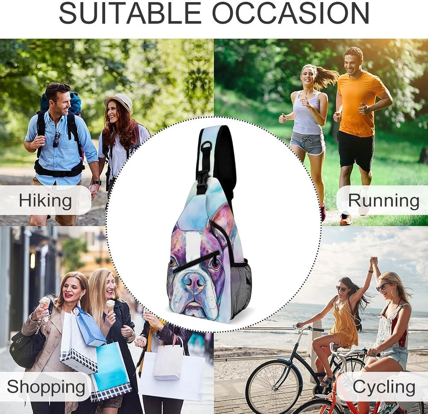 Mens Travel Crossbody Sling Bag, Large Capacity Gym Shoulder Backpack Pitbull Pet Dog Art Gym Chest Bag for Running Hiking