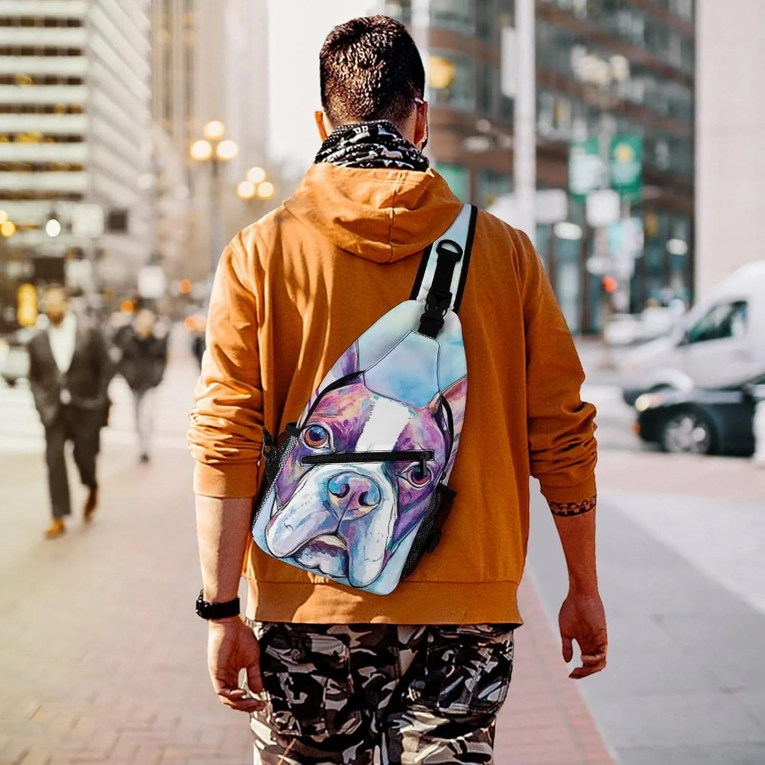 Mens Travel Crossbody Sling Bag, Large Capacity Gym Shoulder Backpack Pitbull Pet Dog Art Gym Chest Bag for Running Hiking