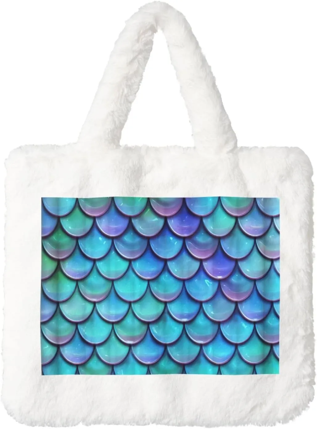 Mermaid Teal Fish Scale Print Cute Autumn Winter Plush Handbag Large Capacity Festival Party Present Bag