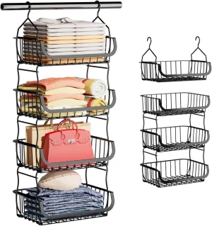 Metal Closet Hanging Organizer, 4 Tier Stackable Closet Organizers and Storage, Sturdy Clothes Hanging Shelves, Wire Storage Basket for Clothing Pants Coat Sweaters Handbags Hats, RV Pantry Organizer