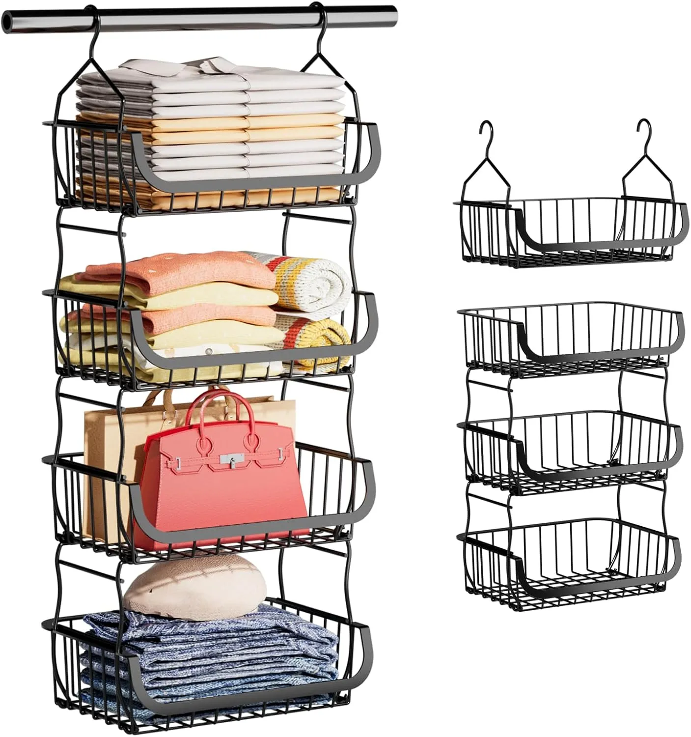 Metal Closet Hanging Organizer, 4 Tier Stackable Closet Organizers and Storage, Sturdy Clothes Hanging Shelves, Wire Storage Basket for Clothing Pants Coat Sweaters Handbags Hats, RV Pantry Organizer