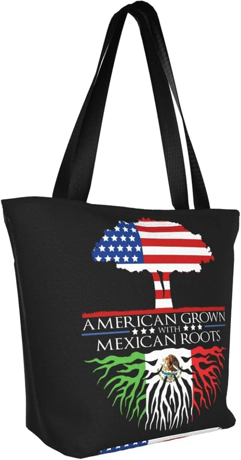 Mexican American Flag Women's Tote Bag Lightweight Shoulder Bag Shopping Handbag Large Capacity Handbag With Zipper