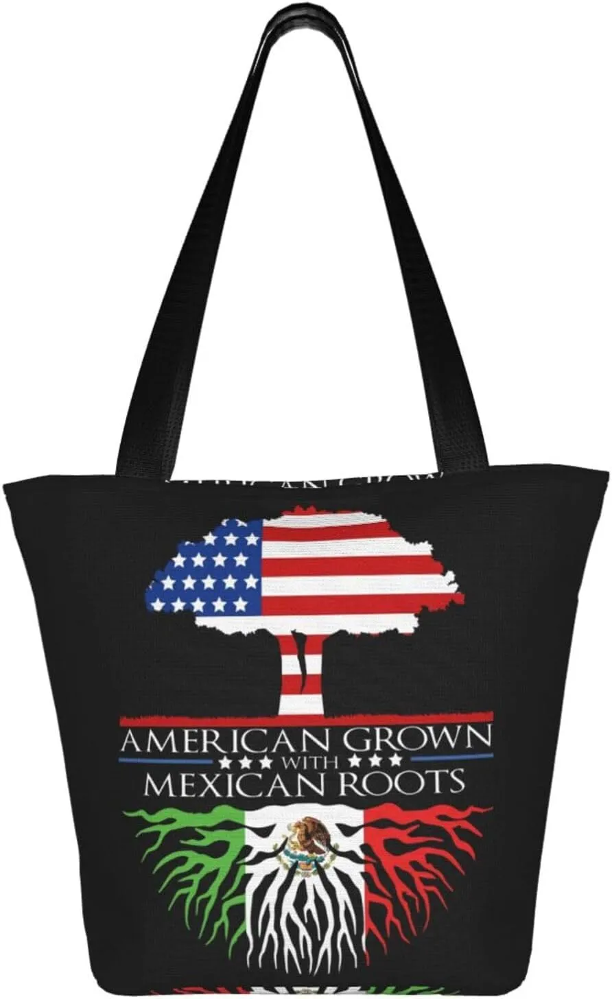 Mexican American Flag Women's Tote Bag Lightweight Shoulder Bag Shopping Handbag Large Capacity Handbag With Zipper