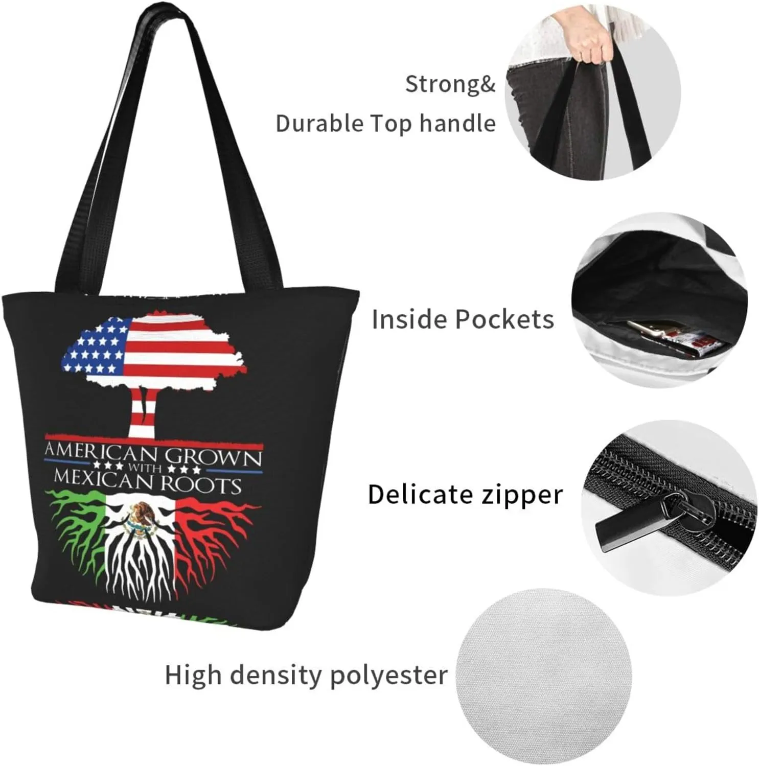 Mexican American Flag Women's Tote Bag Lightweight Shoulder Bag Shopping Handbag Large Capacity Handbag With Zipper