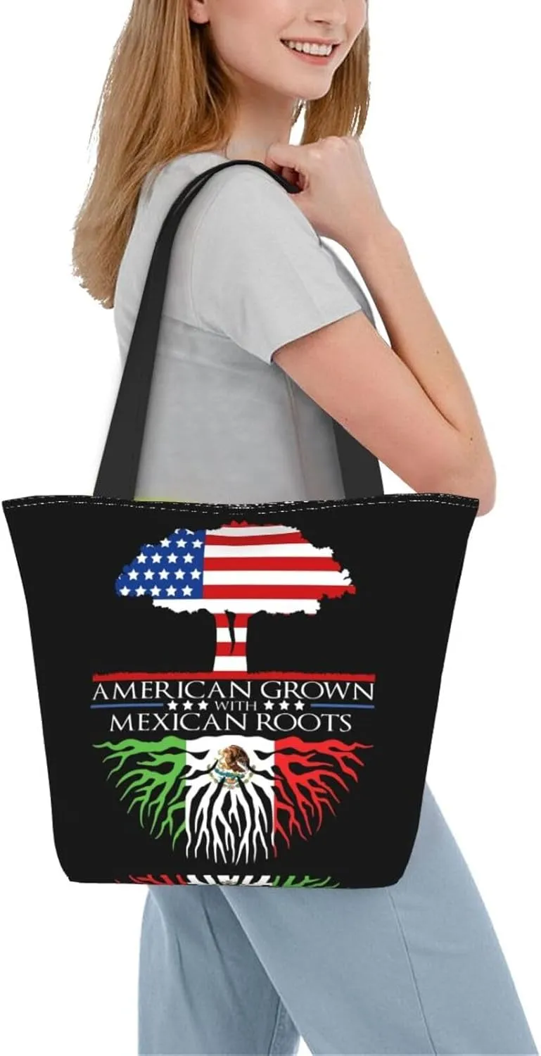 Mexican American Flag Women's Tote Bag Lightweight Shoulder Bag Shopping Handbag Large Capacity Handbag With Zipper