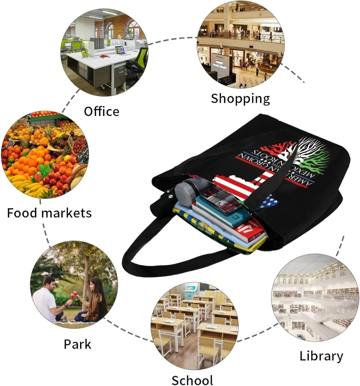 Mexican American Flag Women's Tote Bag Lightweight Shoulder Bag Shopping Handbag Large Capacity Handbag With Zipper