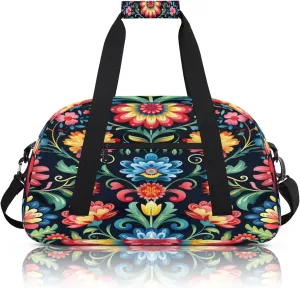 Mexico Otomi Style Floral Small Gym Bag 18 inch Carry On Duffel Bag for Weekender Travel Sports Workout Yoga Gymnastics Dance Ballet
