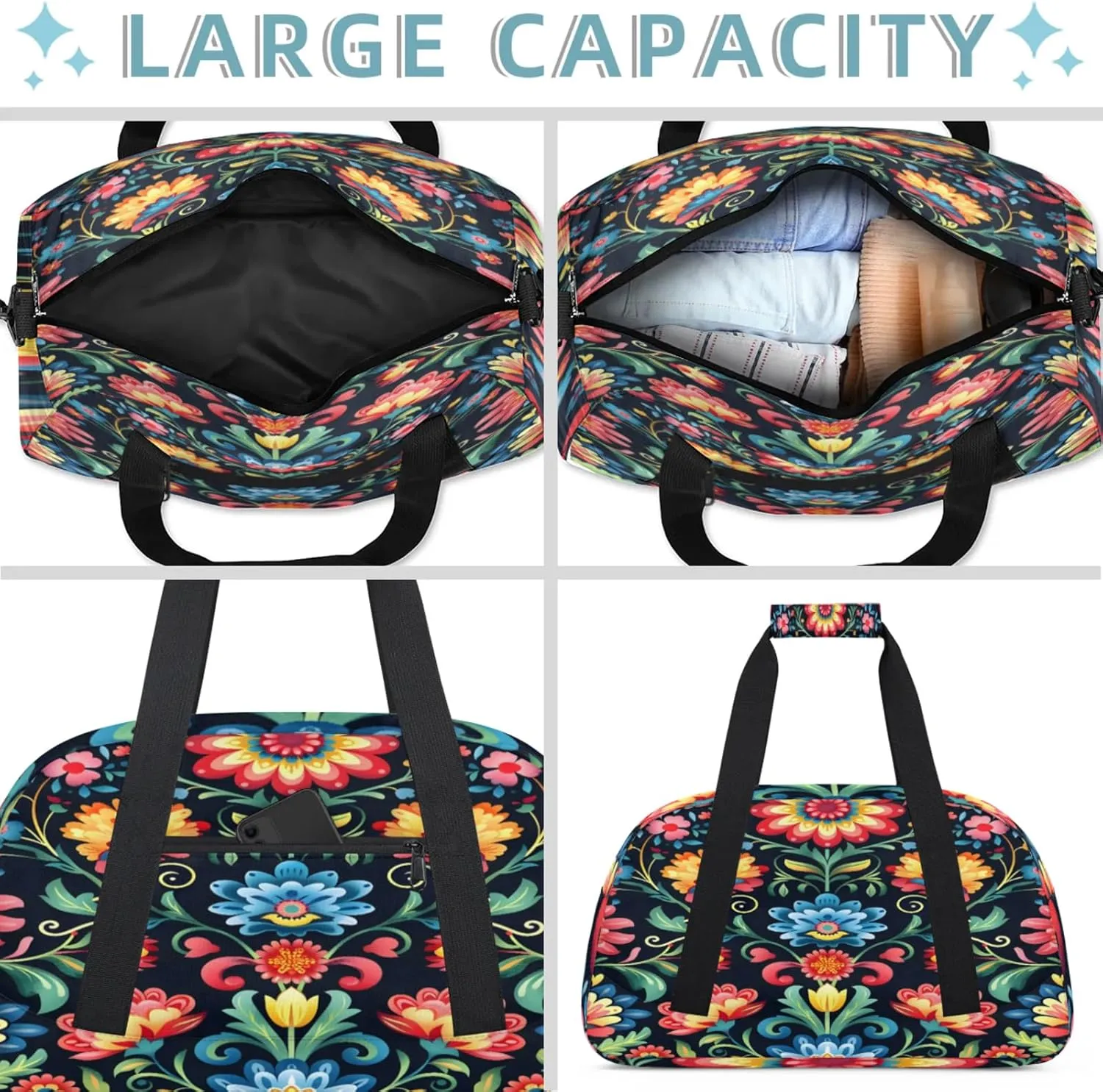 Mexico Otomi Style Floral Small Gym Bag 18 inch Carry On Duffel Bag for Weekender Travel Sports Workout Yoga Gymnastics Dance Ballet